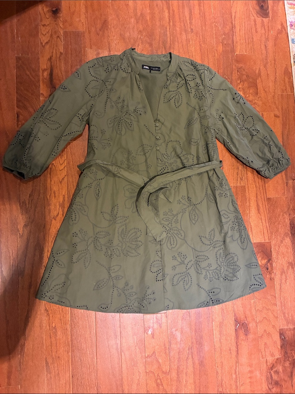 Zara Olive Green Eyelet Button-Front Dress with Waist Tie
